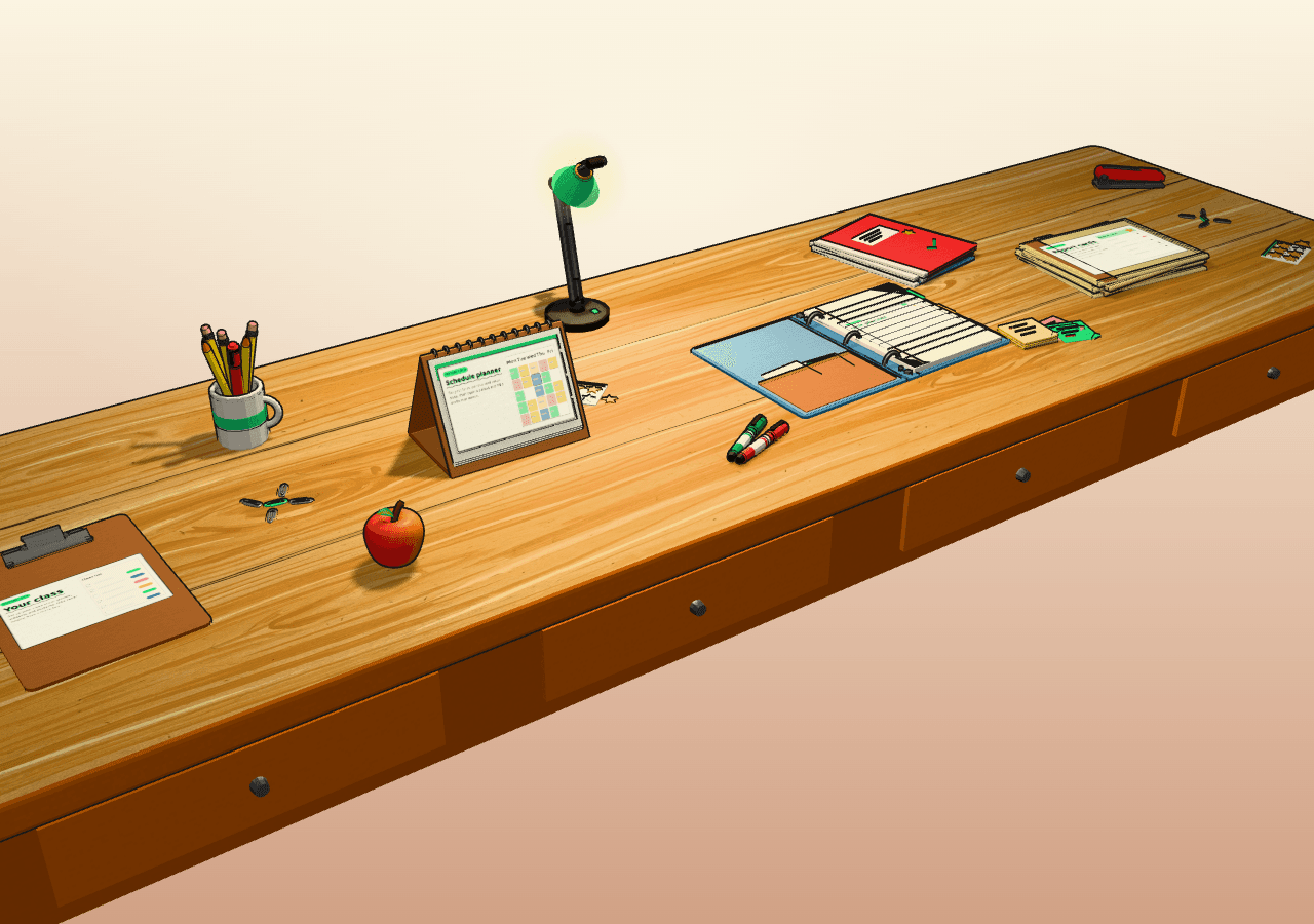 Milo’s teacher’s desk: class clipboard, schedule calendar, unit binder and report-card folders.