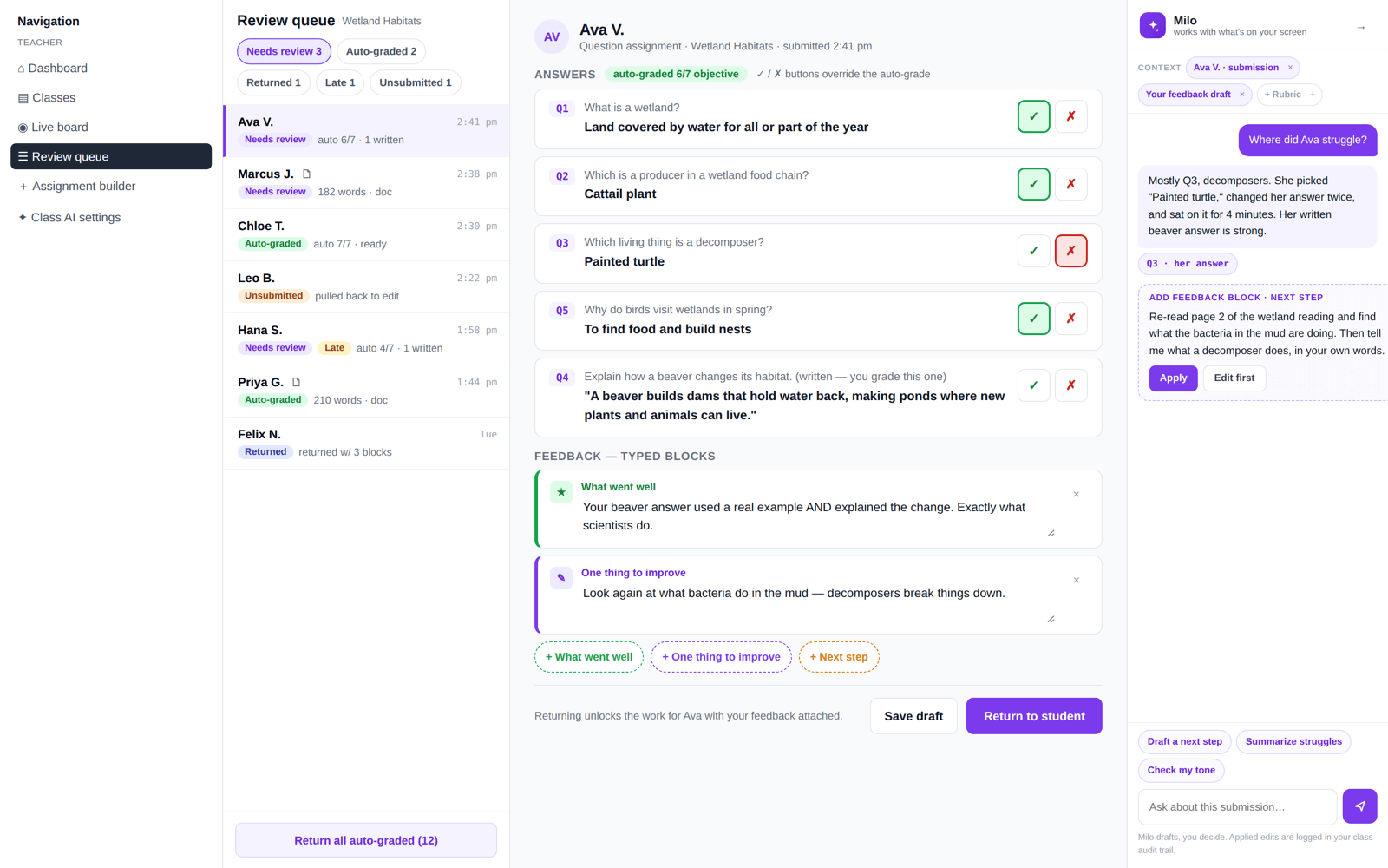 Designed — build underway: review queue with auto-graded answers and teacher-editable feedback