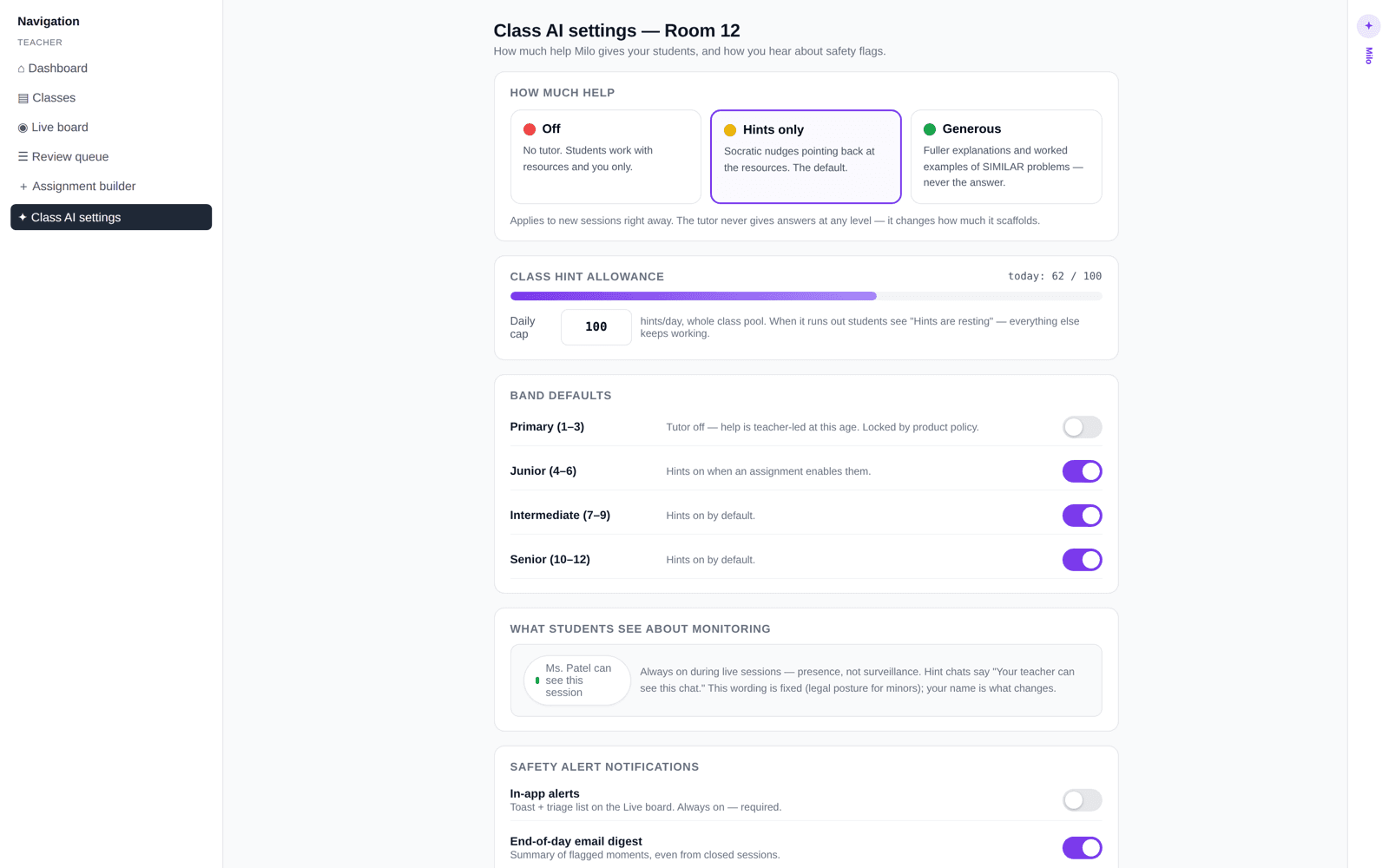 Designed — build underway: class AI settings controlling how much the tutor helps, by grade band