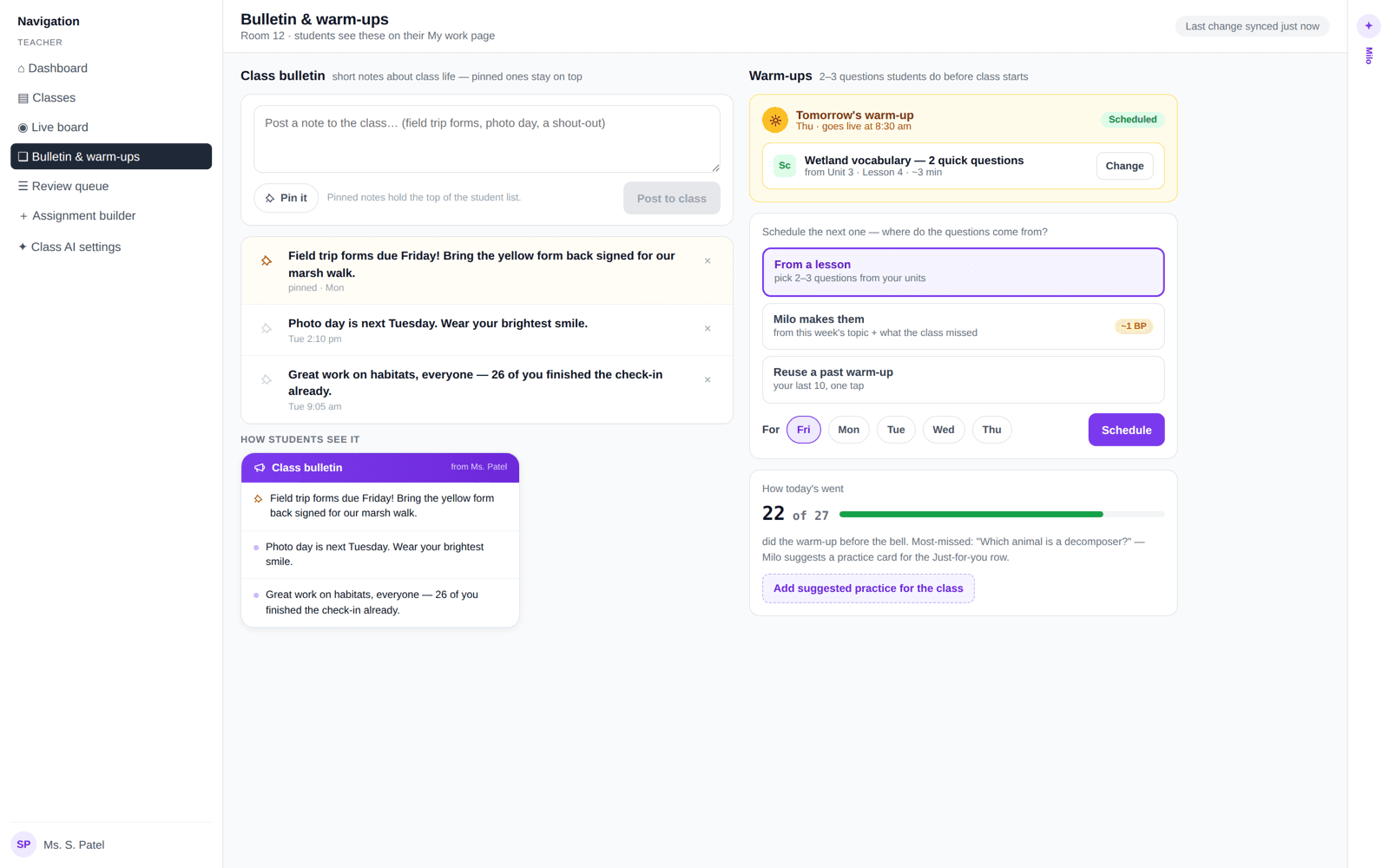 Designed — build underway: class bulletin and scheduled pre-class warm-ups