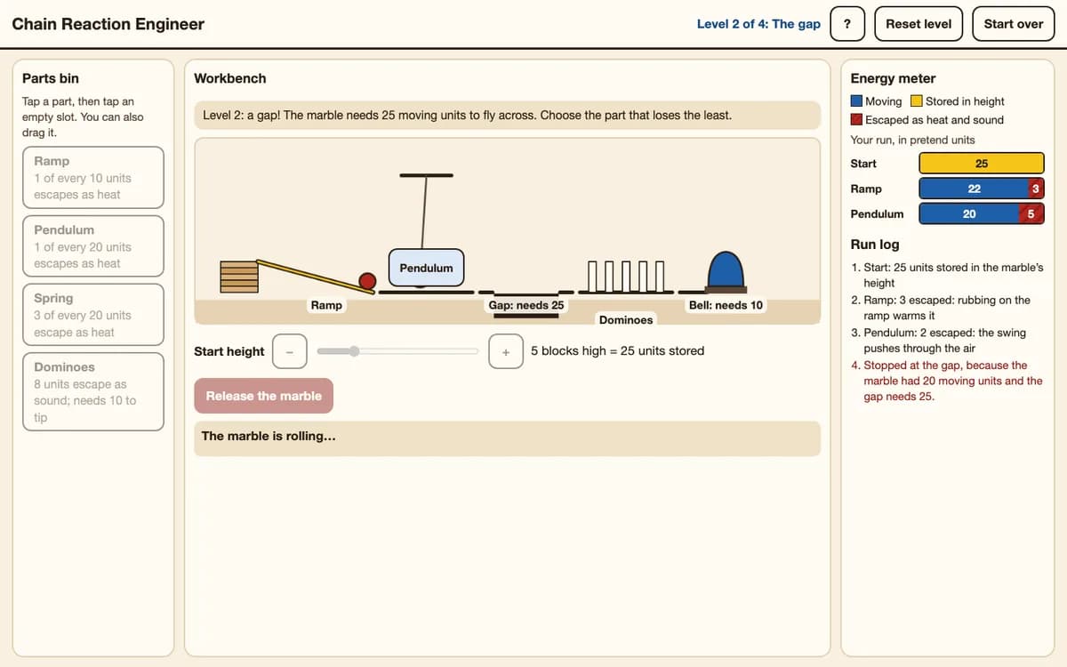 Level 2 of an engineering game with a ramp, pendulum and gap, an energy meter, and a run log explaining why the marble stopped.