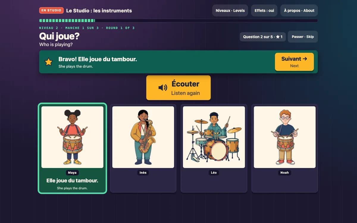 Level 2 of a French game showing four illustrated students with instruments, a green "Bravo!" banner, and the correct drummer highlighted.