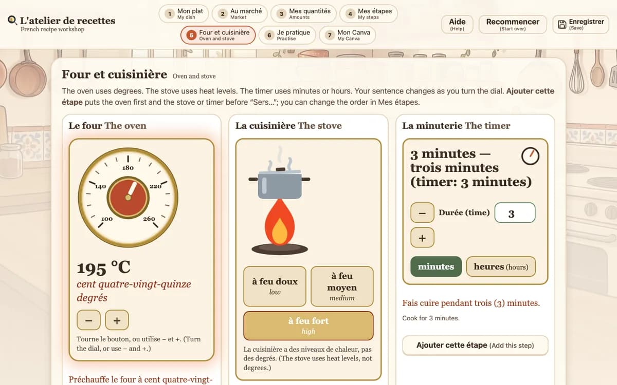 French recipe workshop with an oven dial at 195 degrees, a stove set to high heat, and a French sentence that updates with each setting.