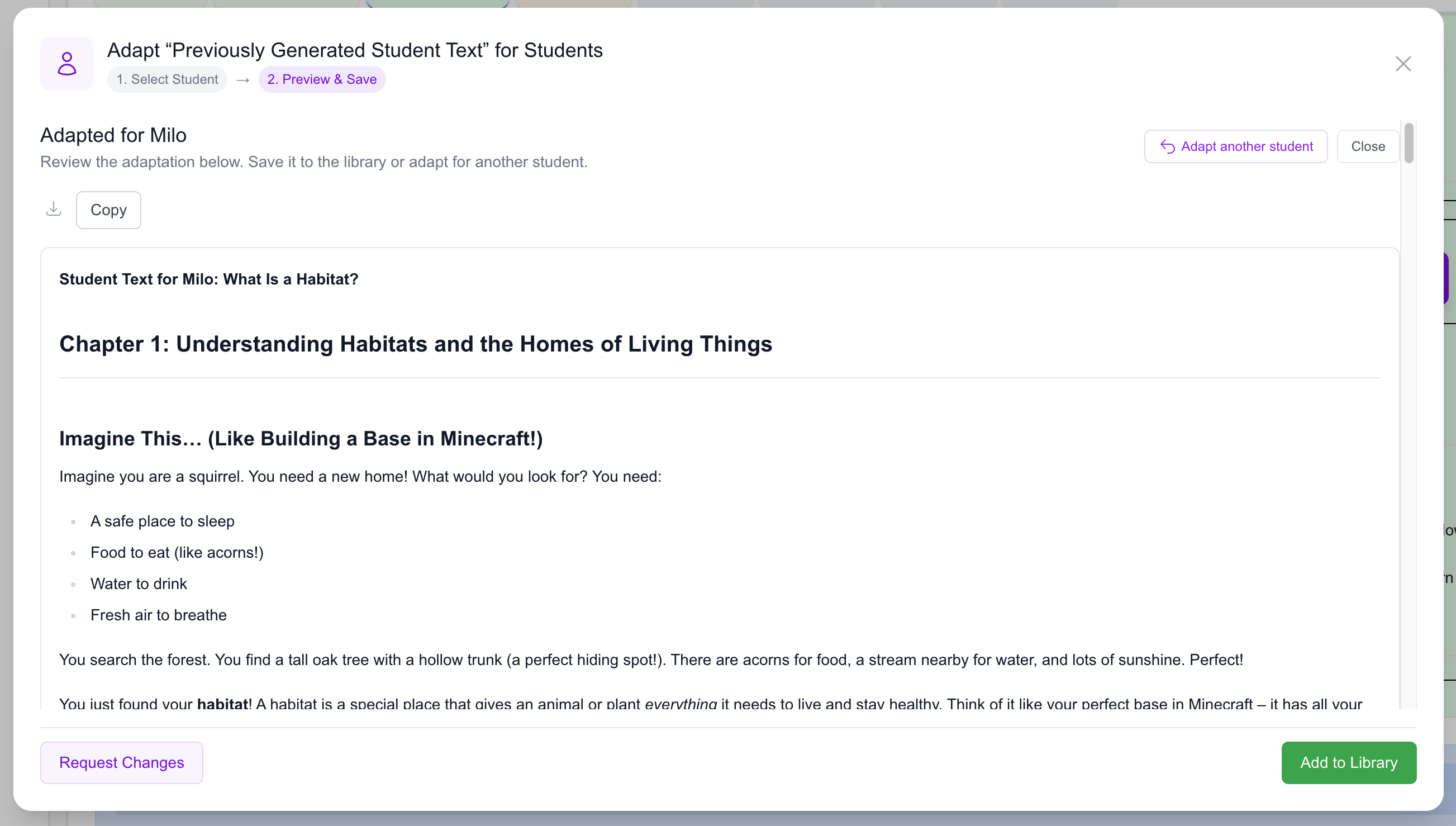 Milo showing adapted versions of lesson content aligned to individual student profiles